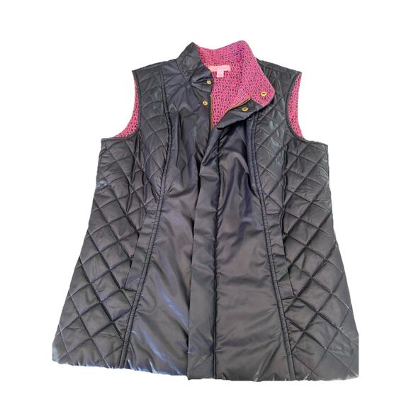 Lilly Pulitzer Blue Quilted Puffer Vest Size Small Pink Logo Print Knit Lining - Picture 3 of 10